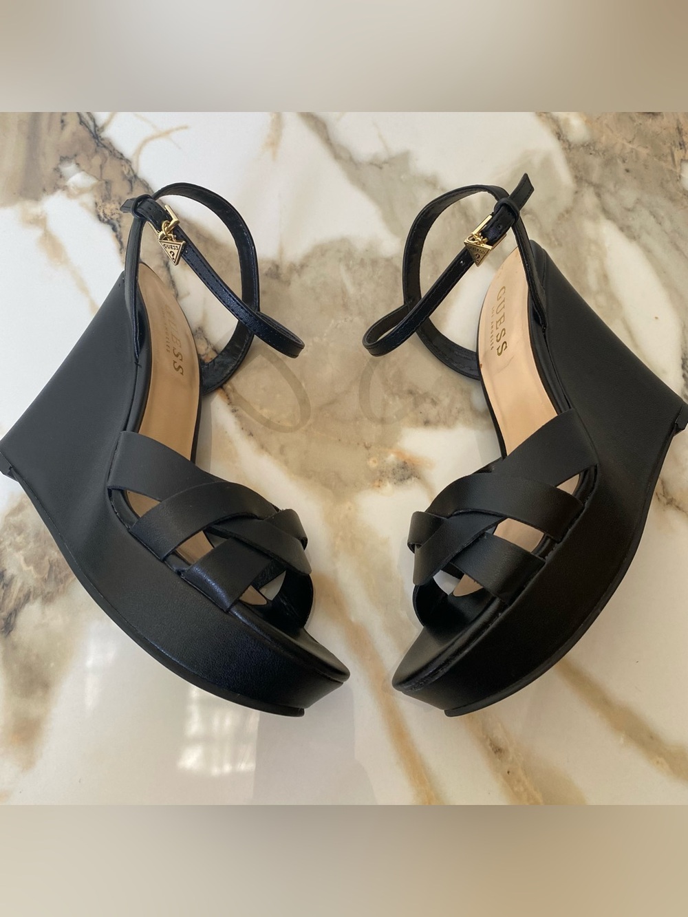 GUESS Black Platform Braided-Strap Heeled Sandals with Ankle Buckle (Size 6.5M)